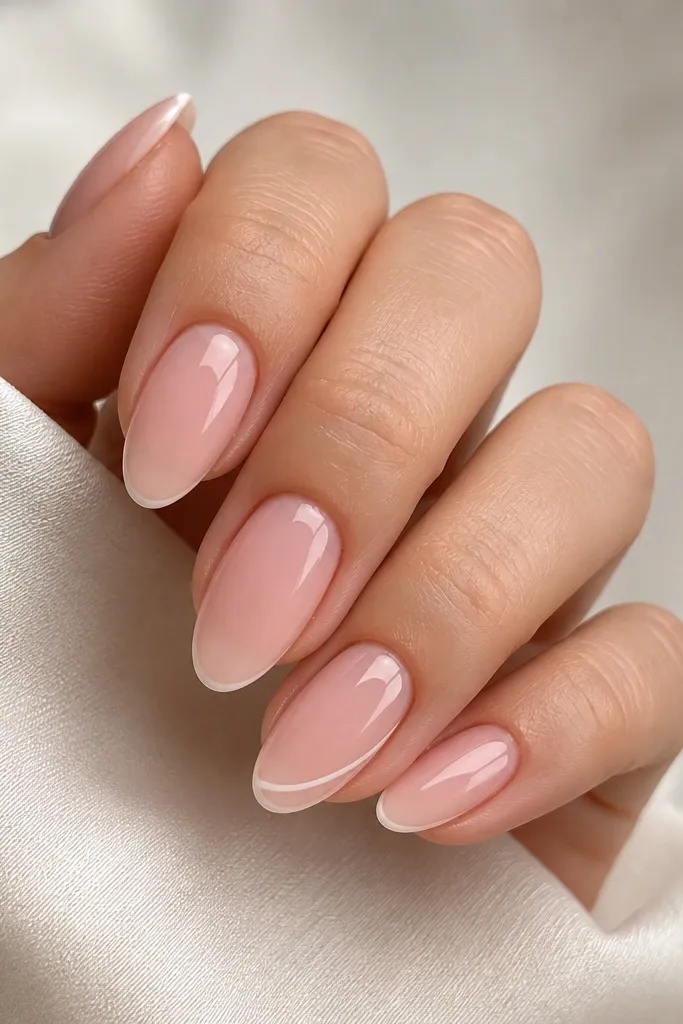 Soft pink almond press-on nails with very small micro French tips. On the ring finger, there is a single thin stripe along one side of the nail near the tip, glossy finish.