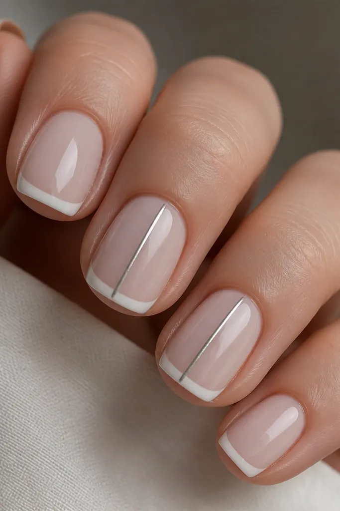 Close-up of short squoval nails in a milky nude base. The French tips are thin and uniform, painted in bright white. One thin vertical chrome line runs from near the cuticle to the middle on two accent nails, reflecting silver light.