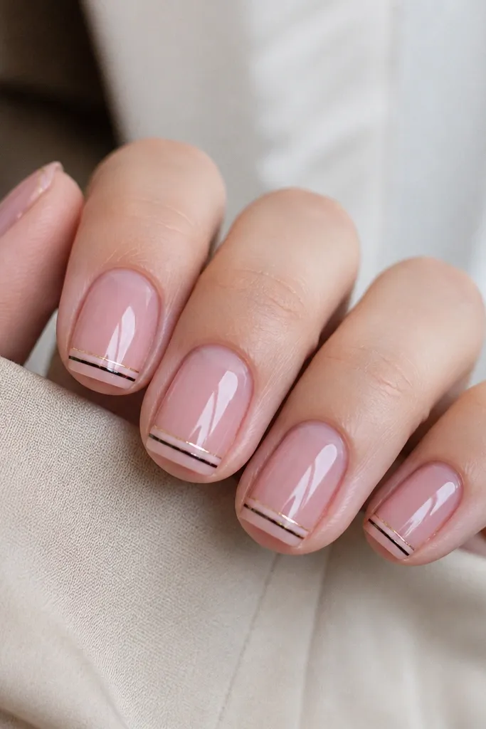 Short soft-square nails with a sheer rose-pink base. At the very tip, there are two hairline lines: one black and one pale gold, spaced evenly. The rest of the nail is clean and glossy.
