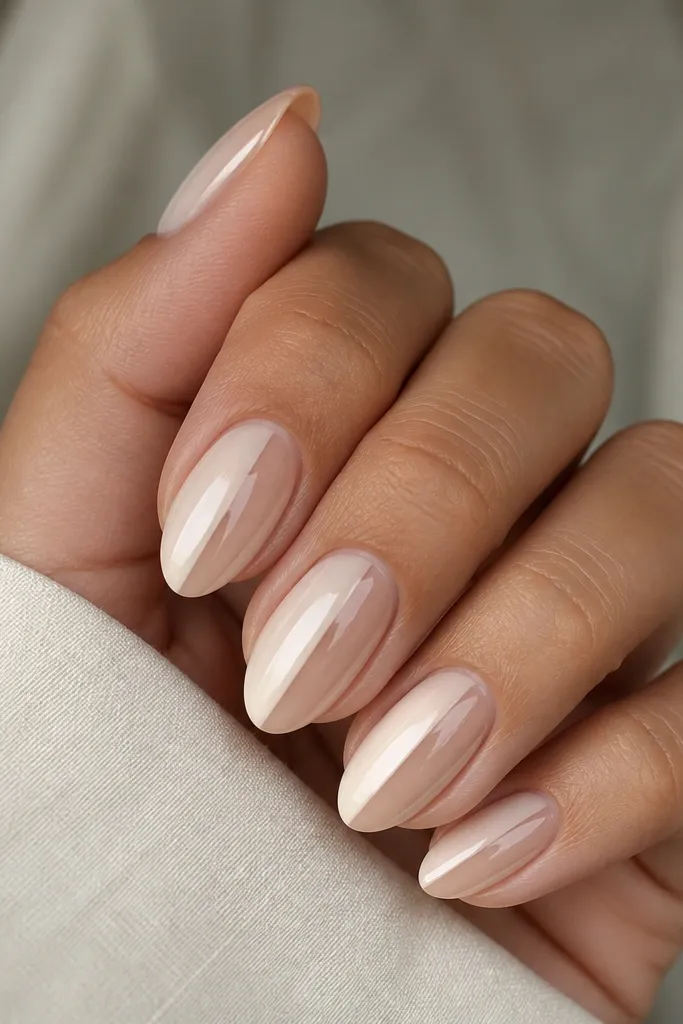 Short almond nails in an iced beige gel. On each nail, one side has a clean negative-space panel that stays bare, forming a slim vertical window from mid-nail to near the tip. The rest is glossy and smooth.