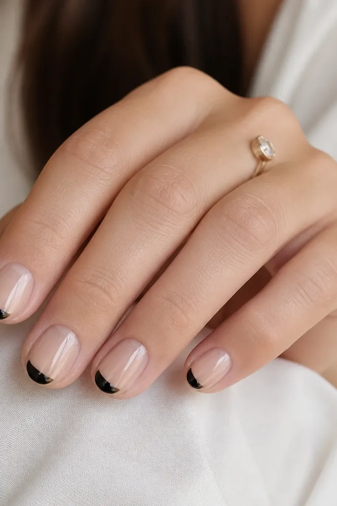 Short nails with a clear, glassy base. The tips are glossy black but small and rounded, like mini caps. The cuticle area is natural-looking and the nails have a high-shine finish.