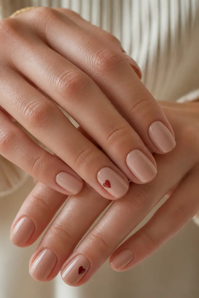 Short squoval nails in a warm nude base. On two accent nails, a tiny red heart sits on the side near the middle, with a crisp outline. All other nails stay plain glossy.