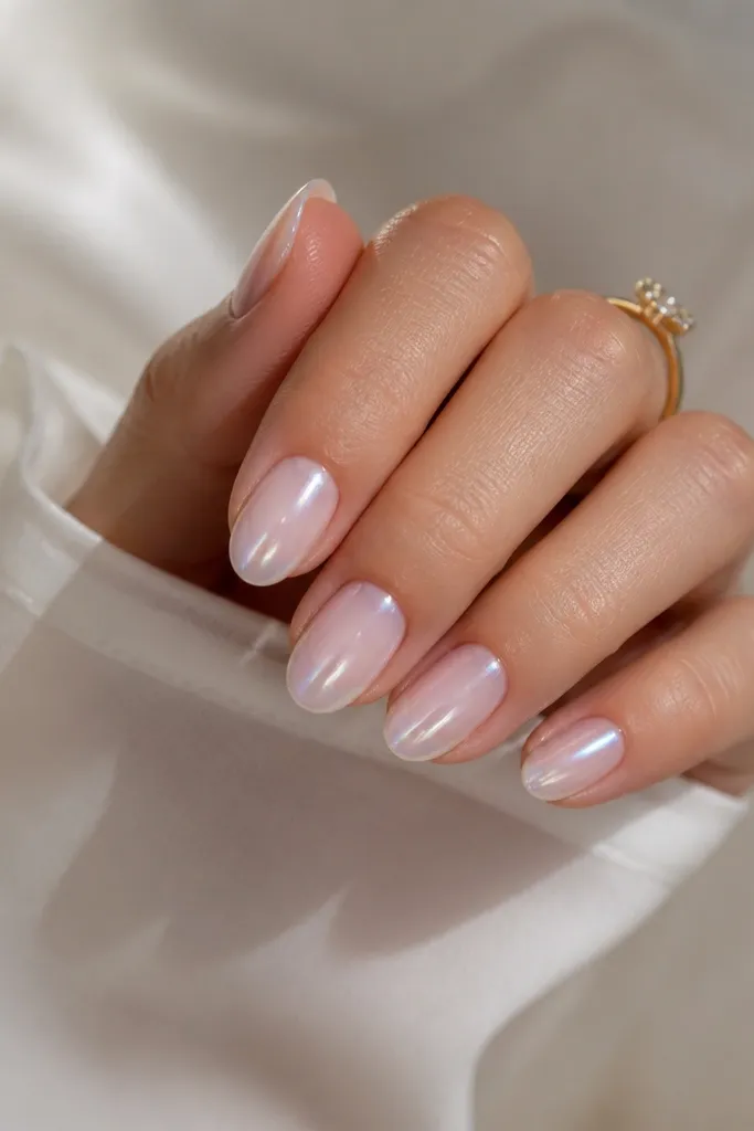 Short almond nails with a milky pink base. Each nail has a pearly chrome cap only on the tip area, fading slightly into the base. The chrome reflects soft iridescent light.