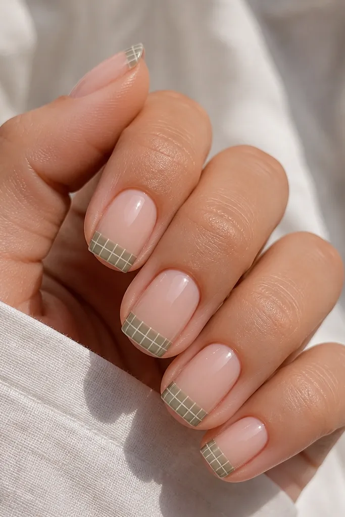 Short squoval nails with a nude base. Across the tip third, there are tiny sage green check squares, with thin white lines creating the grid. The nails are glossy and clean.
