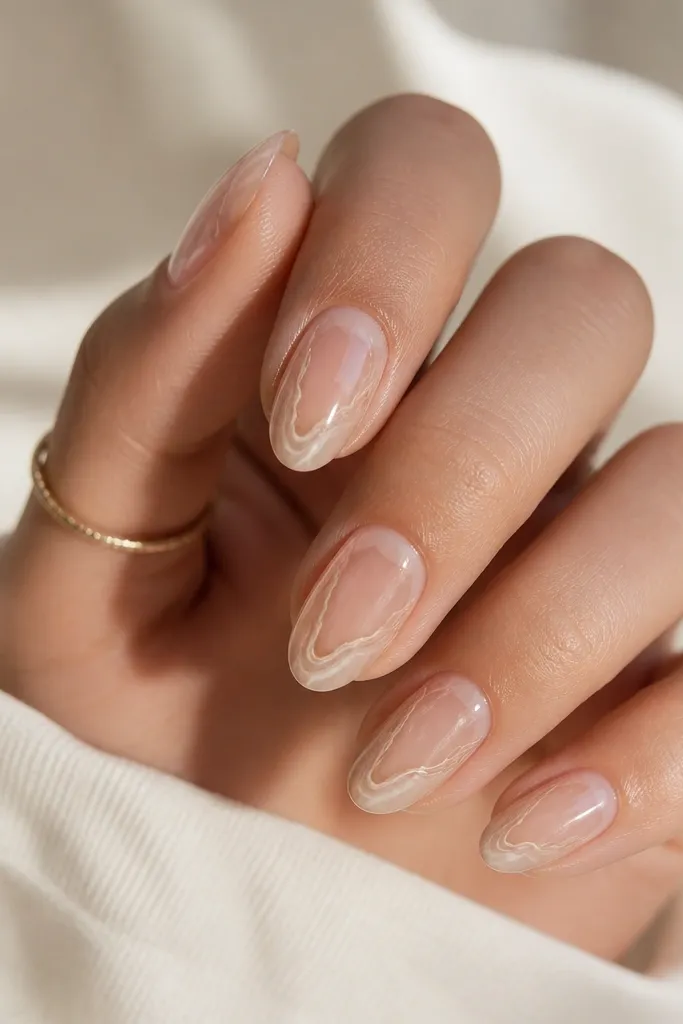 Short almond nails with a clear center panel. The rest of the nail has beige marble swirls in thin lines, like stone veining. The design is airy, with lots of visible clear space.