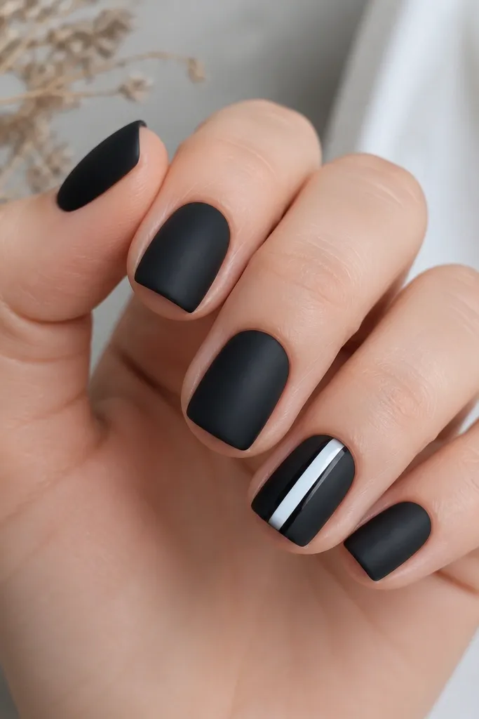 Short square nails coated in a soft black satin matte finish. On one accent nail, there's a single glossy white vertical stripe from near the cuticle to the tip, reflecting light.