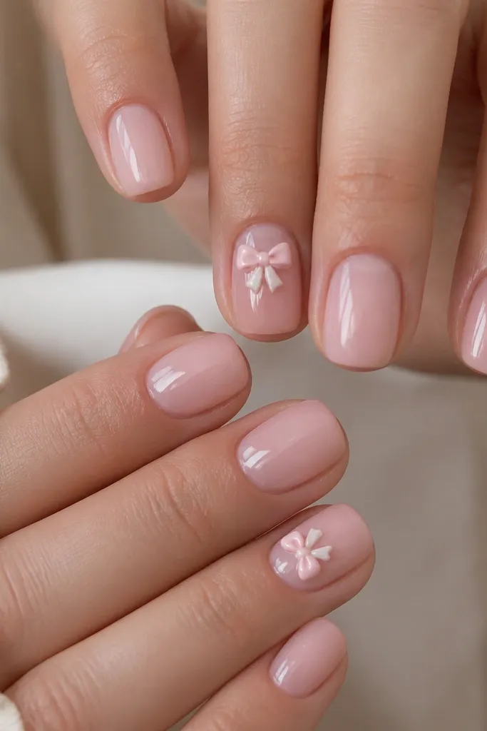 Short squoval nails in soft pink. On one or two nails, there's a tiny 3D bow near the cuticle made from glossy pale pink and white. The bow sits low and looks like a miniature ornament.