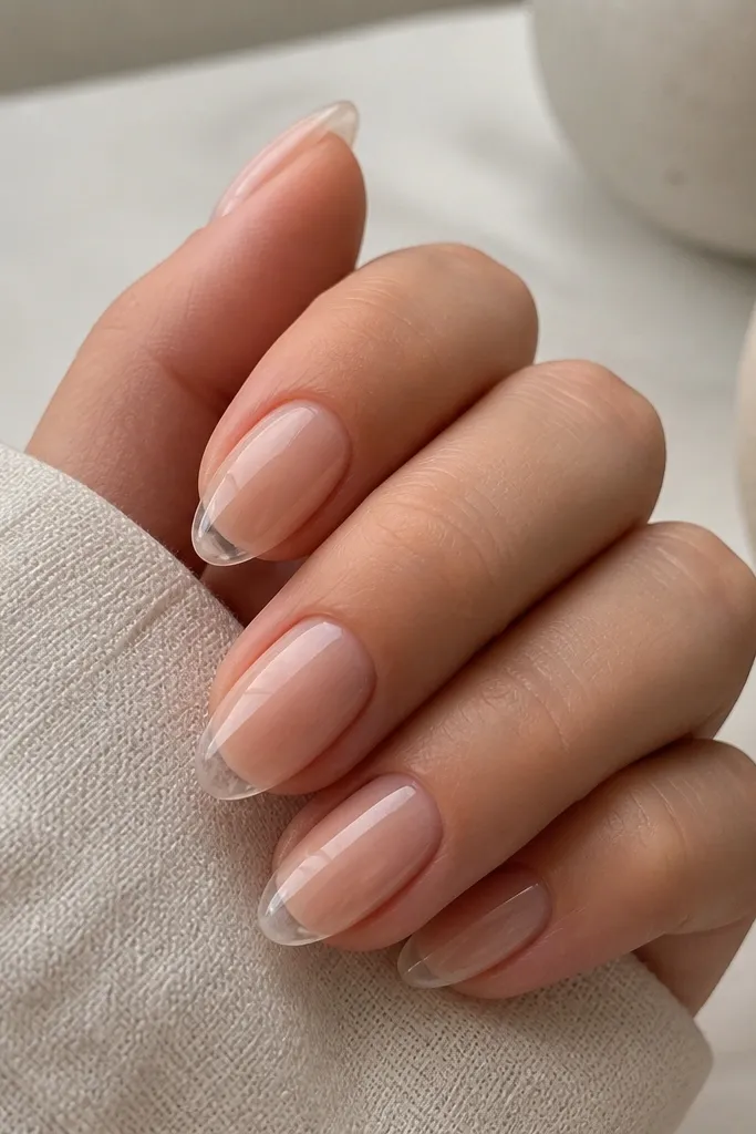 Short almond nails with a nude-to-clear gradient. The base is warm nude near the cuticle, then it fades to a transparent, glassy tip. The overall look is glossy and smooth.