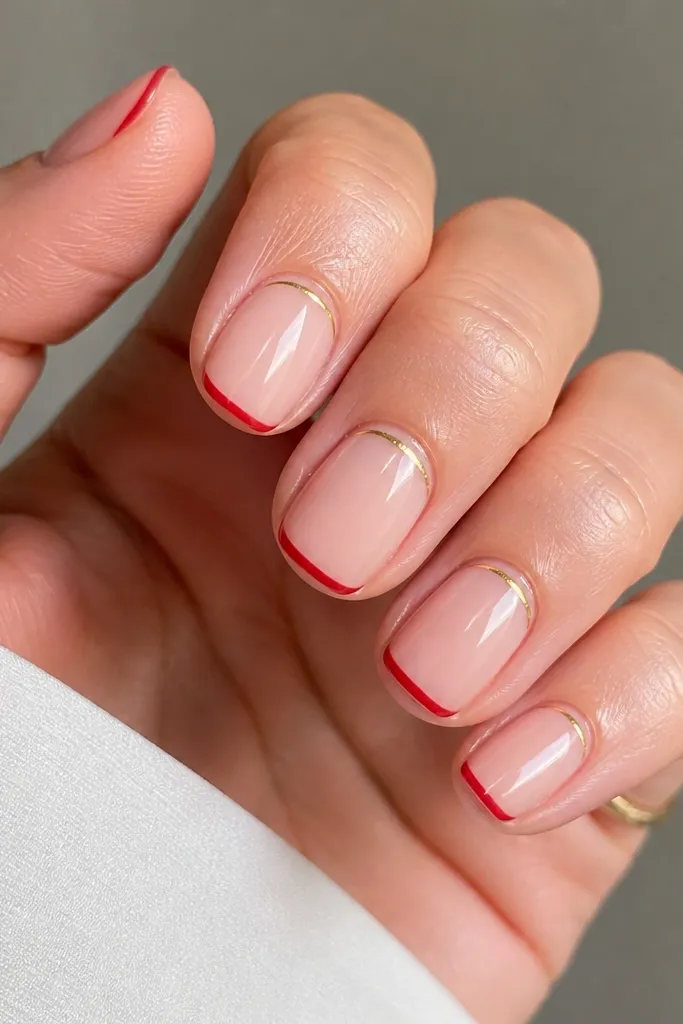 Short squoval nails with a sheer nude base. The French tips are bright red and very thin. Near the cuticle, there's a thin gold line that wraps around like a halo.