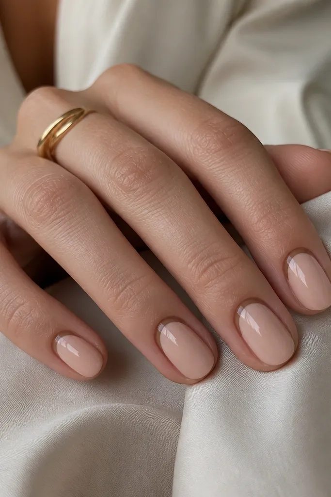 Short oval nails on a nude base. At the cuticle, there's a half-moon outline in mocha brown, leaving the center of the cuticle area nude and clear. The rest of the nail is glossy and plain.