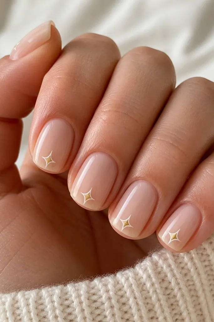 Short squoval nails in a champagne nude base. On each nail, a small two-point star sits near the tip, outlined in white with a tiny gold fill at the center. Everything is glossy and clean.