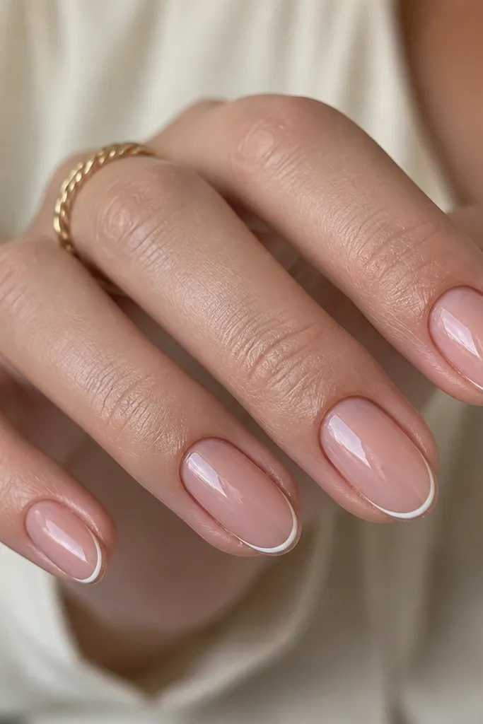 A set of short almond nails with a soft rose-beige nude base and a razor-thin white micro French line centered at the tip; glossy top coat, clean sidewalls.