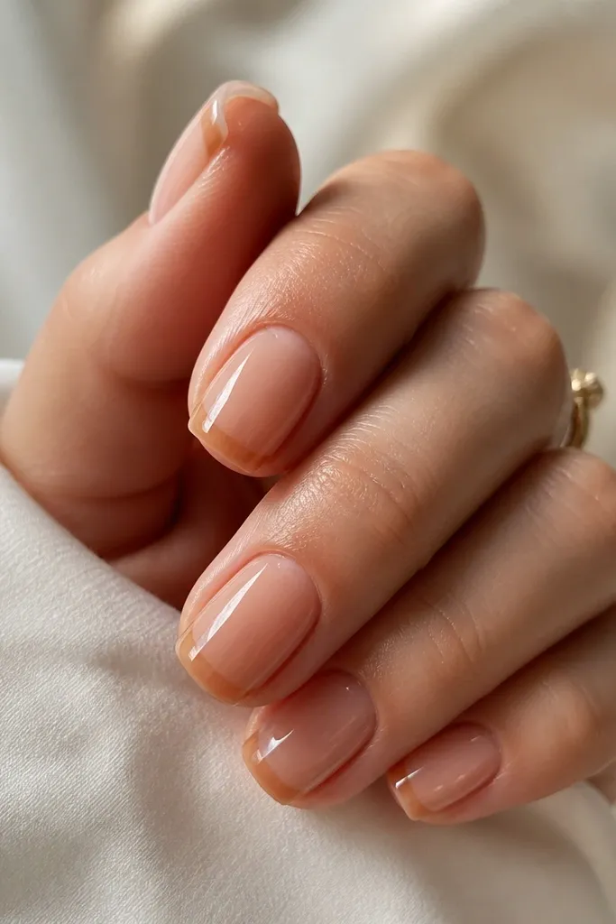 Short squoval nails in warm honey nude with a soft, translucent caramel-tan tint only at the very tips; glossy finish, no other decoration.