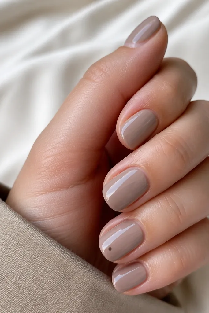 Short oval nails in taupe nude; one nail has a single tiny dot in a darker taupe placed diagonally near the center of the tip; glossy finish.
