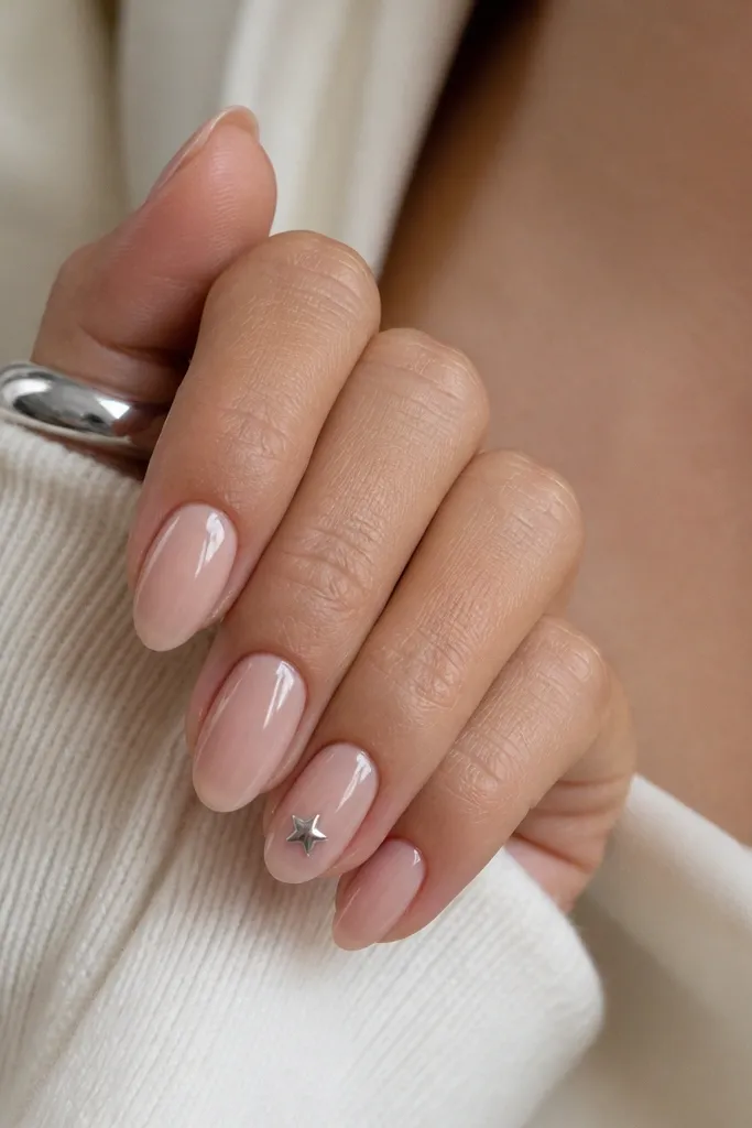 Short almond nails in blush nude; one accent nail has a tiny five-point star in silver chrome centered near the tip; glossy finish.