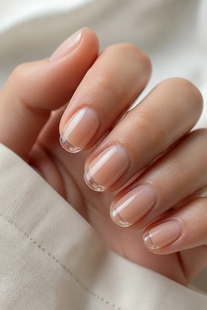 Short oval nails with a semi-transparent nude jelly base; the tips are clear and glassy, creating a distinct nude-to-clear contrast; glossy finish.