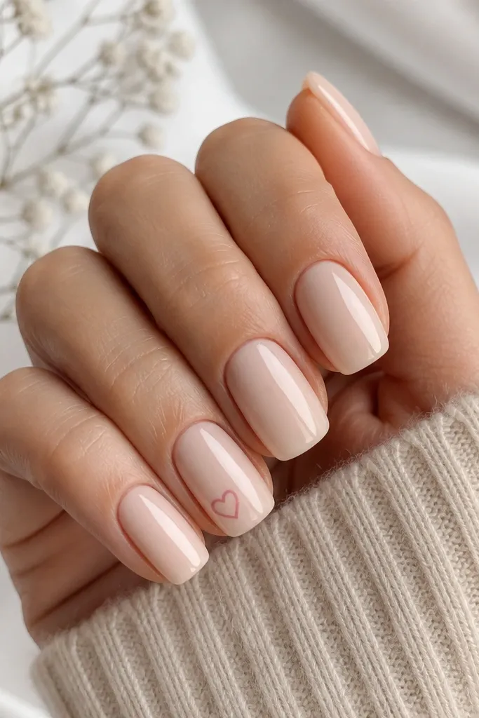 Short squoval nails in creamy nude; one accent nail has a tiny heart outline in soft pink gel near the tip; glossy top coat.