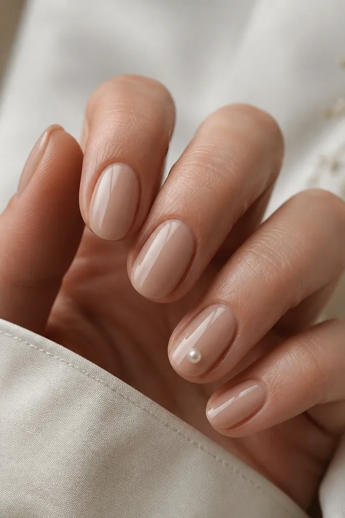Short oval nails in nude beige; one accent nail has a single tiny pearl bead at the center of the tip, slightly raised, glossy top coat around it.