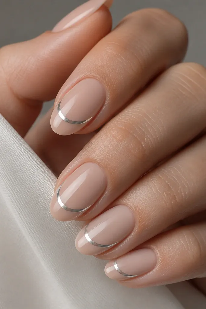 Short almond nails in nude beige; each nail has a thin chrome arc near the tip following the smile line; reflective silver with glossy finish.
