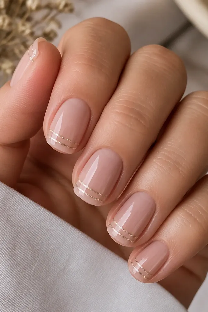 Short squoval nails in warm nude; at the tip there are two thin horizontal rows of fine champagne micro glitter, separated by a narrow nude gap; glossy top coat.
