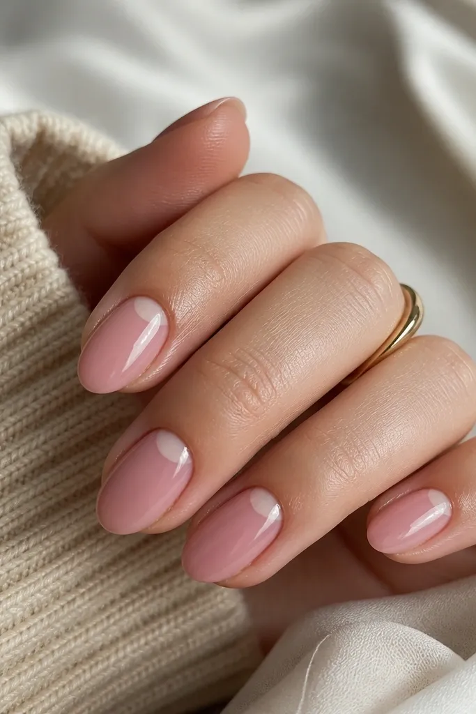 Short almond nails with a sheer rose nude base; each nail has a small negative space half-moon at the cuticle, leaving skin exposed; glossy top coat.
