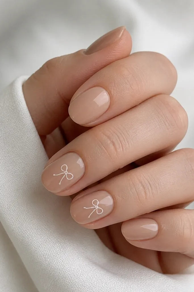 Short oval nails in nude beige; two nails have a tiny bow made of white gel lines near the center of the nail tip; glossy top coat.