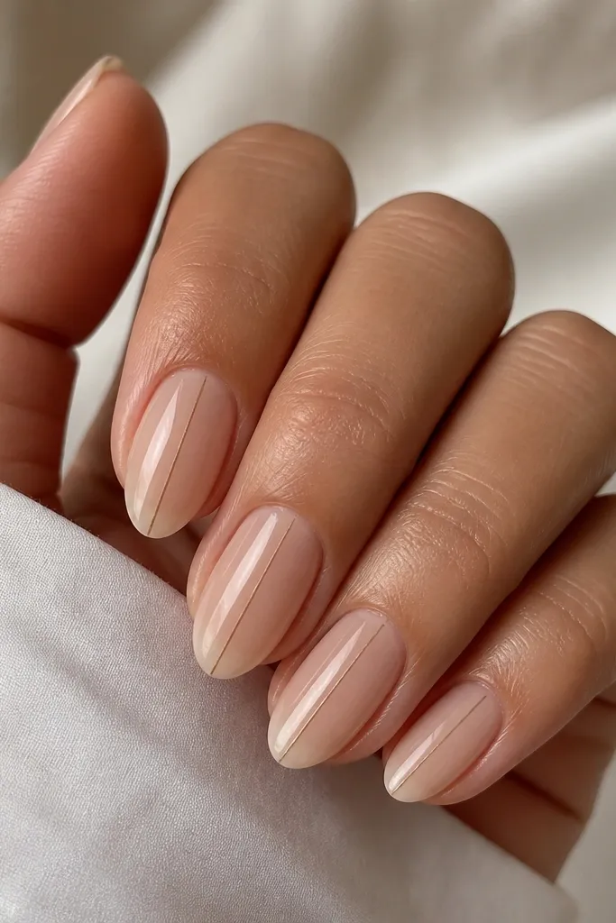 Short almond nails in sheer nude; each nail has a single fine vertical pinstripe in taupe running from just below the cuticle to the tip; glossy top coat.