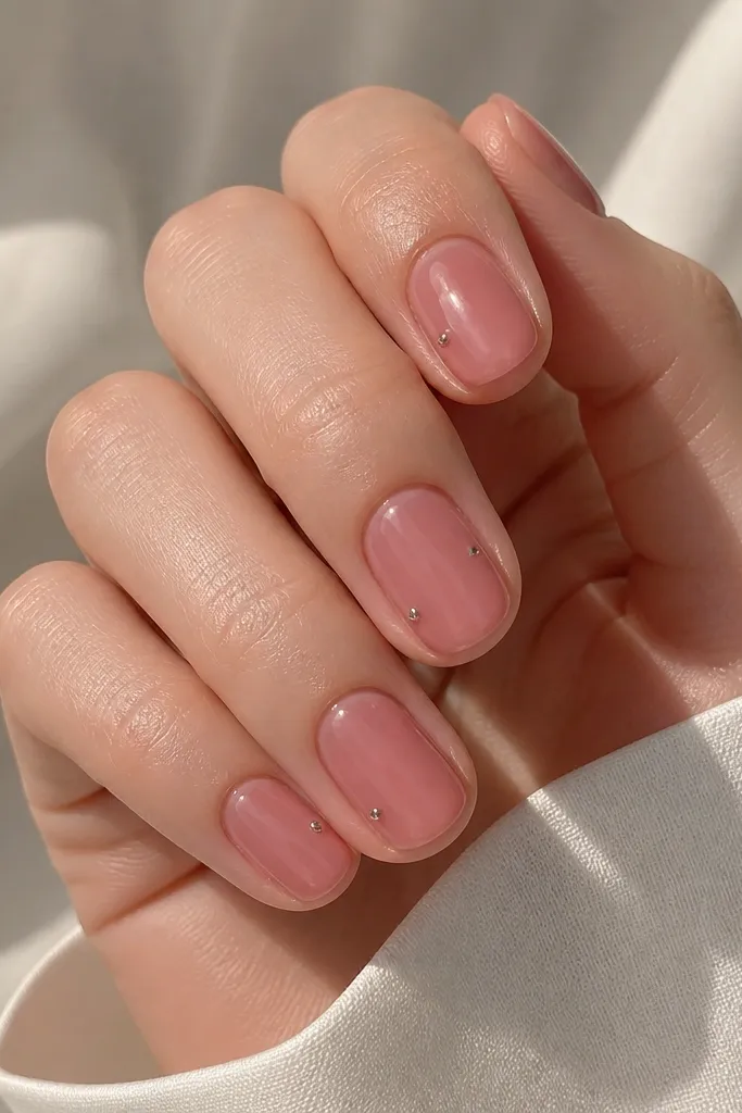 Short oval nails in a sheer rose jelly. Each nail has one tiny metallic dot placed near the outer sidewall about halfway down, with the rest of the nail left clean and glossy.
