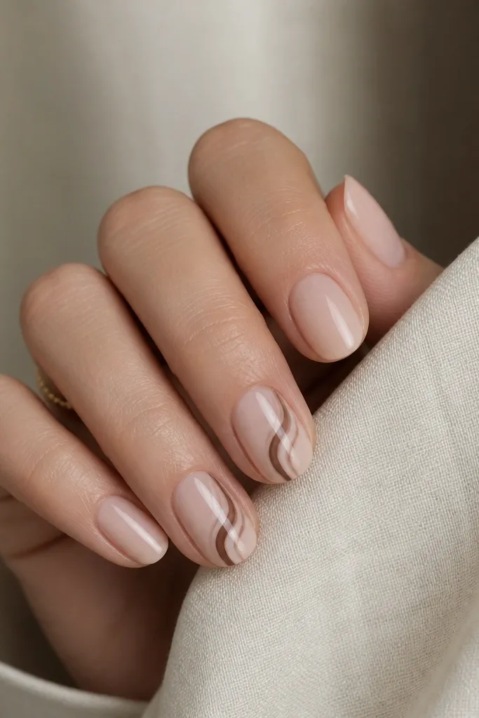 Short oval nails with a milky nude base. One or two nails show a satin cocoa swirl that starts near the cuticle and curls toward the center, with a soft matte finish on the swirl and glossy base.
