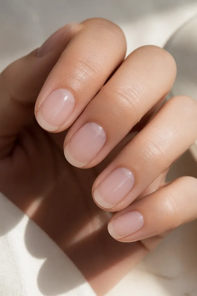 Short oval nails with a clear pink base that looks like a natural nail. A ghosted French smile arc sits near the free edge, semi-transparent and glossy, almost like a shadow.