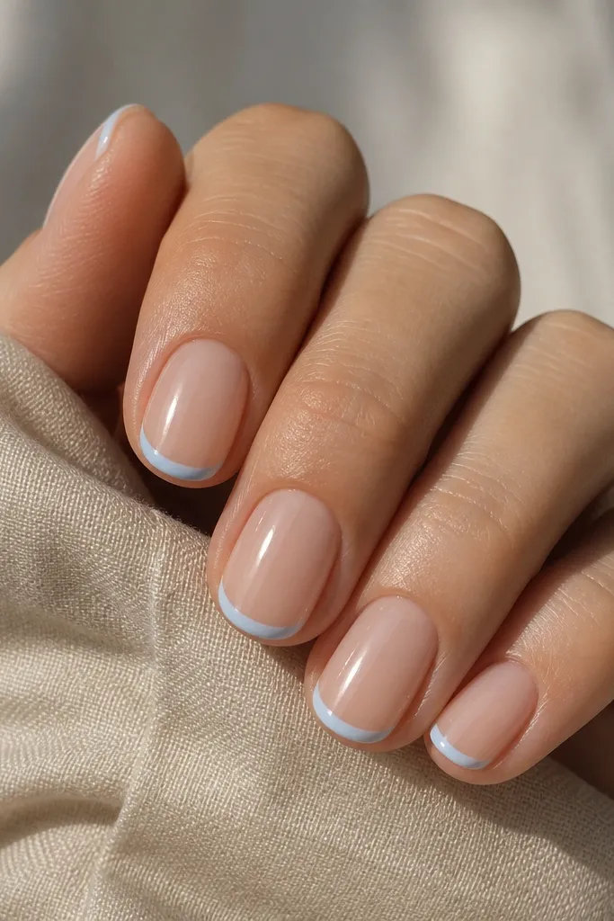 Short oval nails with a nude base. A baby blue micro French line sits at the tip only, leaving a clean negative-space window above the line so the nail looks airy.