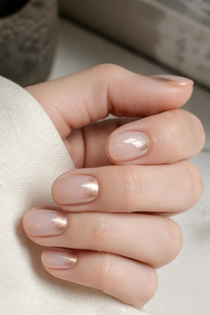 Short oval nails with a sheer nude base. Each nail has a champagne chrome half-moon at the cuticle area, blending outward like a soft glow, with the rest of the nail glossy and clear.