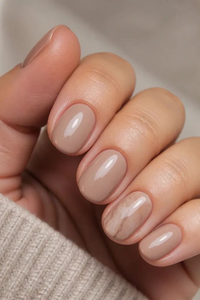 Short oval nails in a milky mocha nude. One accent nail has a soft marble vein in taupe and light brown, with thin lines and a glossy top coat on all nails.