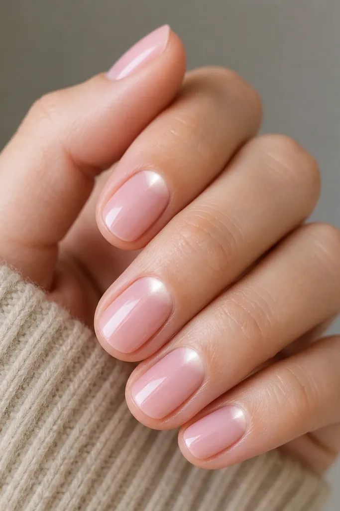 Short oval nails in a pearlized blush pink. Each nail has a subtle glow concentrated at the inner corner near the cuticle, like a soft highlight, with a glossy finish.