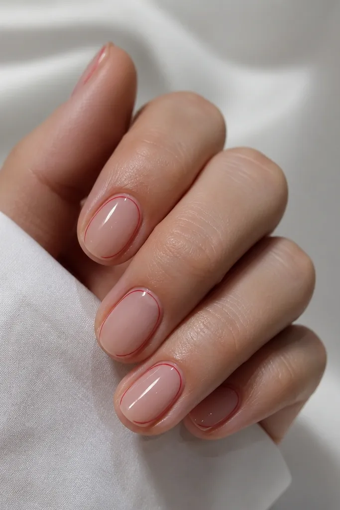 Short oval nails with a clear jelly base. A tiny red outline line runs along the inner edge of the nail near the sidewall, and the rest of the nail is minimal and glossy.