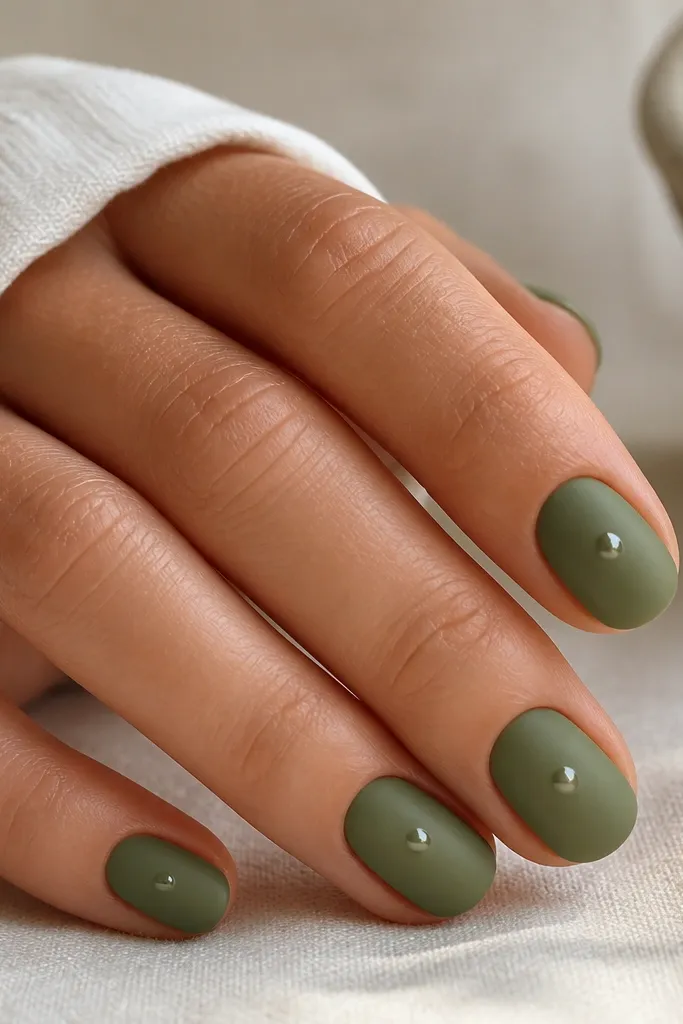 Short oval nails painted solid olive sage. The nails are matte except for a single glossy center dot on each nail, which reflects light like a tiny bead.