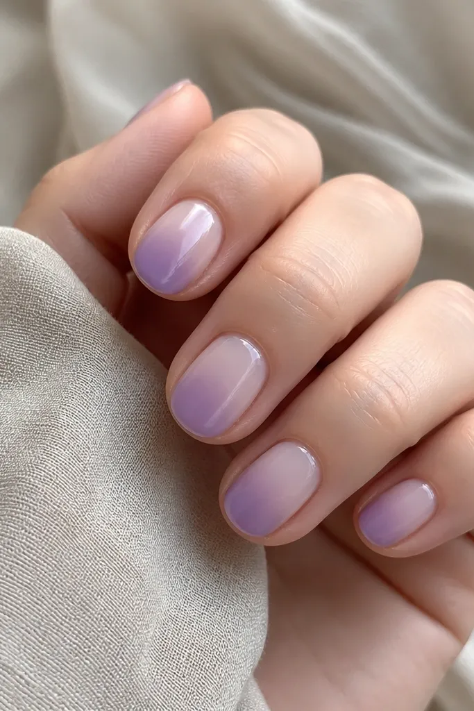 Short oval nails with a sheer base. Lavender fades from the tip upward, leaving a clear band near the cuticle that makes the fade look airy and clean.