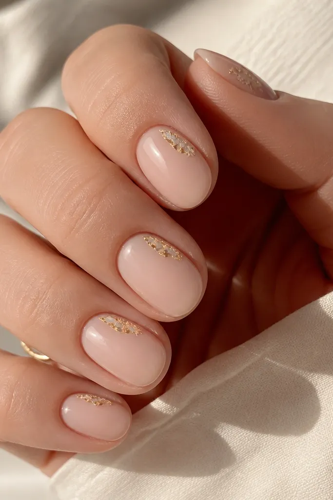 Short oval nails with a nude base. Each nail has tiny gold foil pieces placed only in the top corners near the tip, like small shards framing the edge.