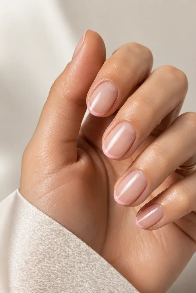 Short oval nails with a sheer blush base. A very thin blush-pink French line runs along the tip, clean and centered, with a glossy finish.