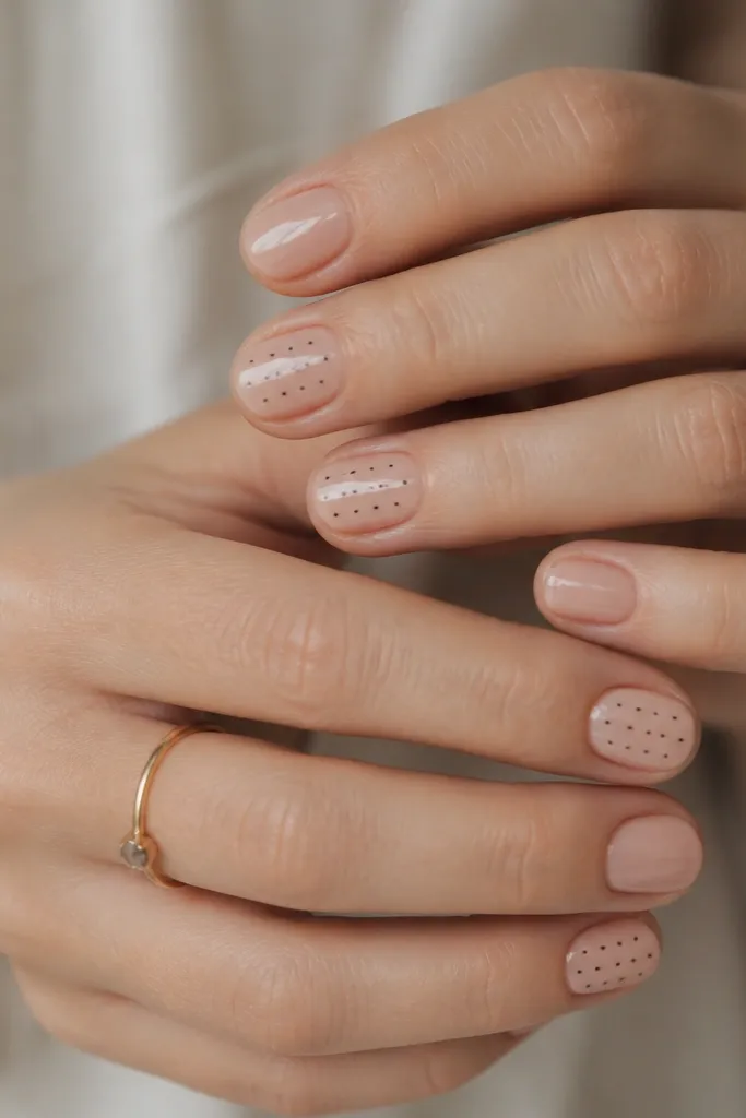 Short oval nails on a sheer nude base. A few nails have a micro dot grid in black - tiny dots spaced evenly near the center - while other nails stay plain and glossy.