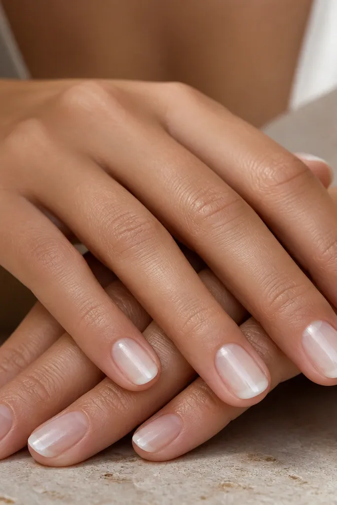 Short oval nails with a sheer base. The tip has a pearl ombré that fades from a stronger pearl at the edge into the nail, with a glossy finish and a smooth gradient.