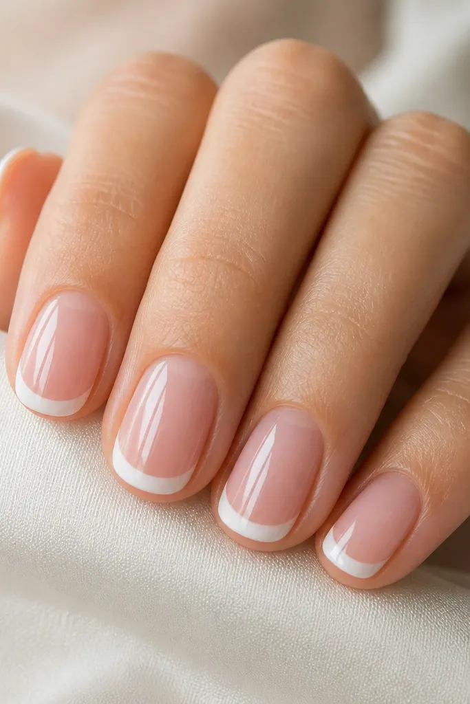 Close-up of short oval nails painted with a sheer rose-pink base. The French tips are milky white, semi-opaque, with a smooth curved smile line. Glossy top coat makes the tips reflect light softly.