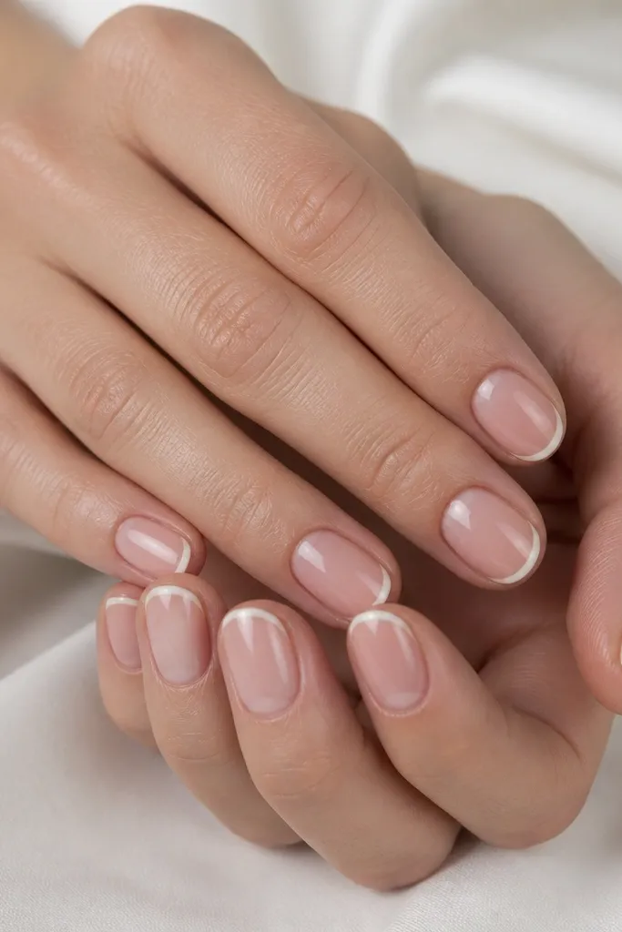 Short oval nails with a nude pink base. The French tips are optic white but very narrow, like a thin arc. The rest of the nail is glossy and smooth with no other decoration.