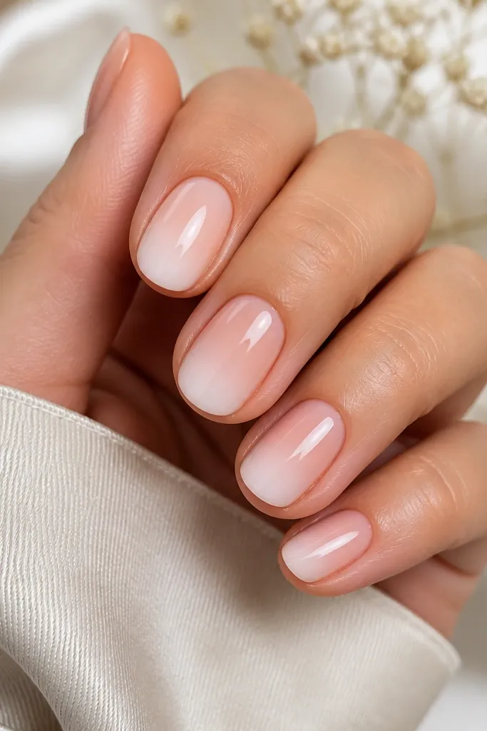 Short oval nails with a soft nude base. The tip fades from white at the very edge into a translucent pinkish nude, creating an ombre effect along the free edge. Glossy finish with smooth gradient.