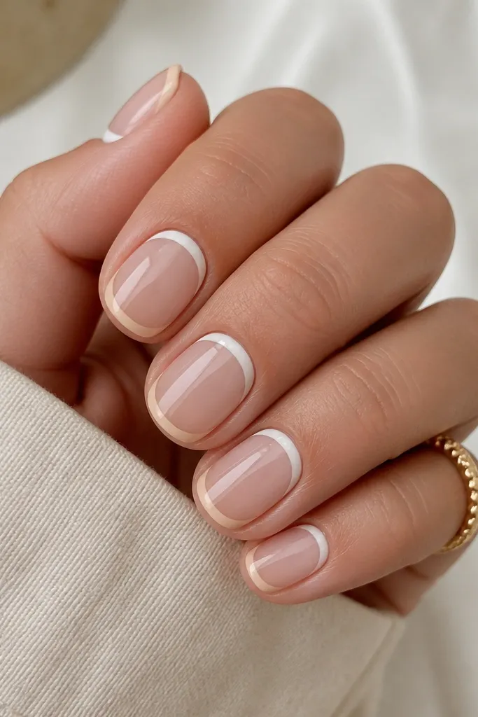 Short oval nails with a sheer pink base. A thin line of nude color outlines the tip area, but the actual white sits near the cuticle edge like a reverse French. The design has a clean double-curve look.