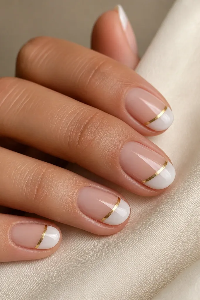 Short oval nails on a nude base. The French tips are milky white, and a thin gold foil strip runs along the smile line, slightly angled but mostly straight. The gold catches light under glossy top coat.