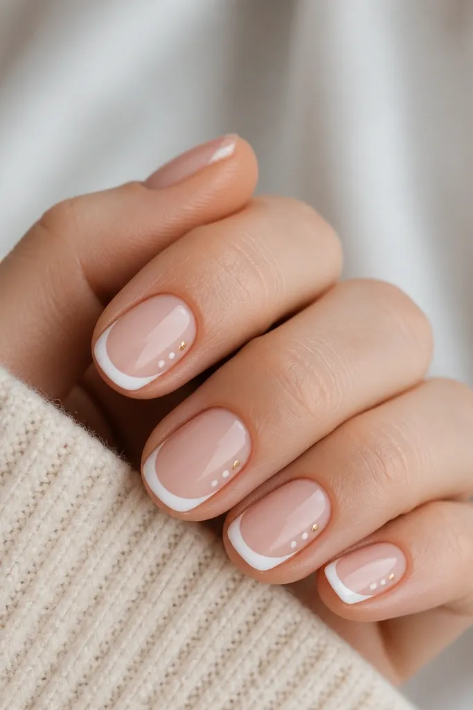 Short oval nails with a nude base and crisp white French tips. On one side of each nail, near the outer corner of the smile line, there are three tiny dots in a line - white dots with one accent dot in gold.