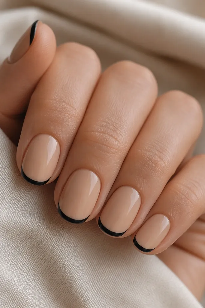 Short oval nails in a warm nude beige base. The French tips are thin and painted in matte or satin black, with a crisp curved smile line. No other art, just clean edges.