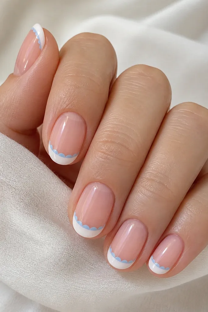 Short oval nails with a sheer pink base and milky white French tips. Along the outer edge of the white tip, there are tiny pale blue scallops like half-moons. Glossy finish.
