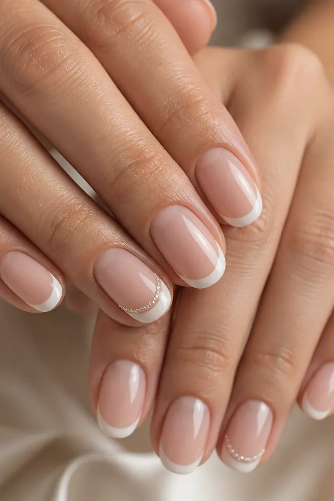 Short oval nails with a sheer nude base and thin milky white French tips. A micro rhinestone line sits right on the smile line on two nails, with tiny stones spaced evenly. High-gloss top coat.